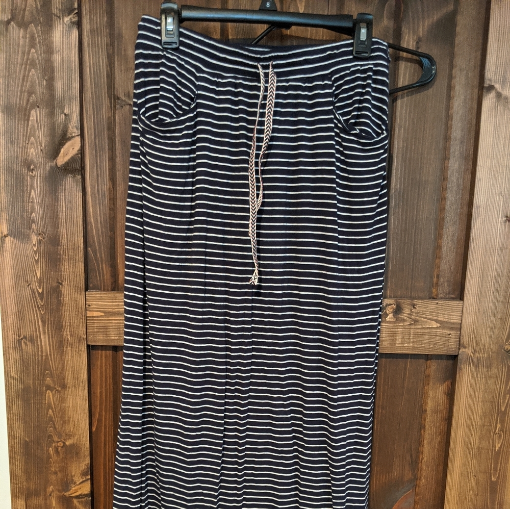 Navy blue and white striped maxi skirt